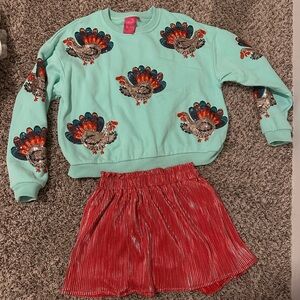 Colorful Turkey Sweater and Red Skirt Set